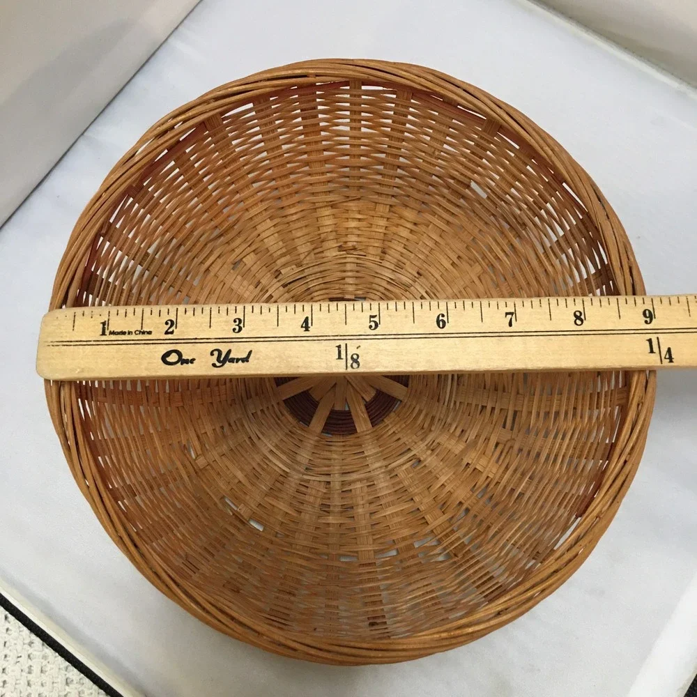 Round Wicker Basket Unisex 9 Inch Tan Woven Decorative Storage Bowl Cottagecore
